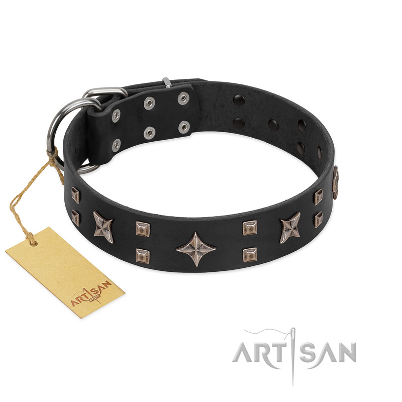 "Star Excitement" Modern FDT Artisan Black Leather Boxer Collar with Studs and Stars
