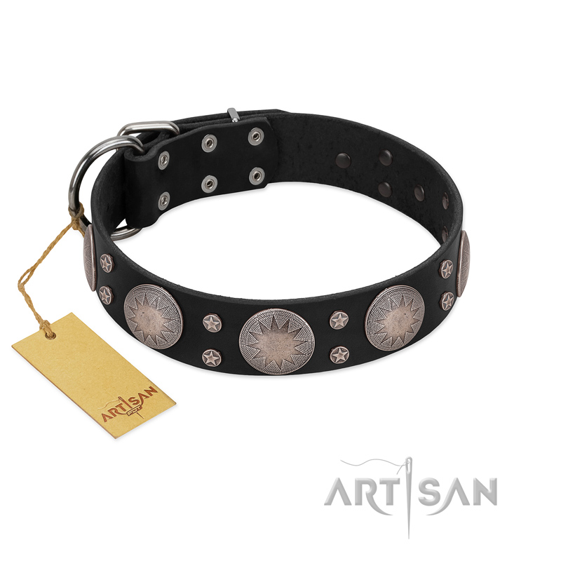 "Starry Sky" Trendy FDT Artisan Black Leather Boxer Collar with Large Brooches