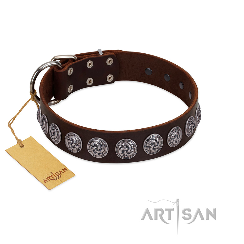 "Charming Circles" FDT Artisan Brown Leather Boxer Collar with Silver-like Studs