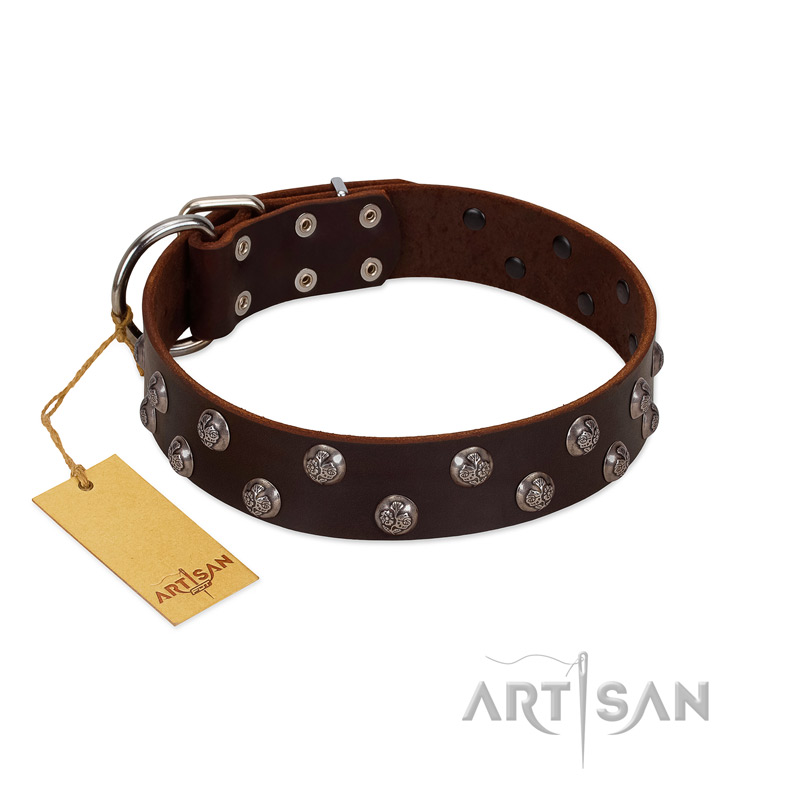 "Blossom Jewel" FDT Artisan Brown Leather Boxer Collar with Two Rows of Silver-like Studs with Engraved Flowers
