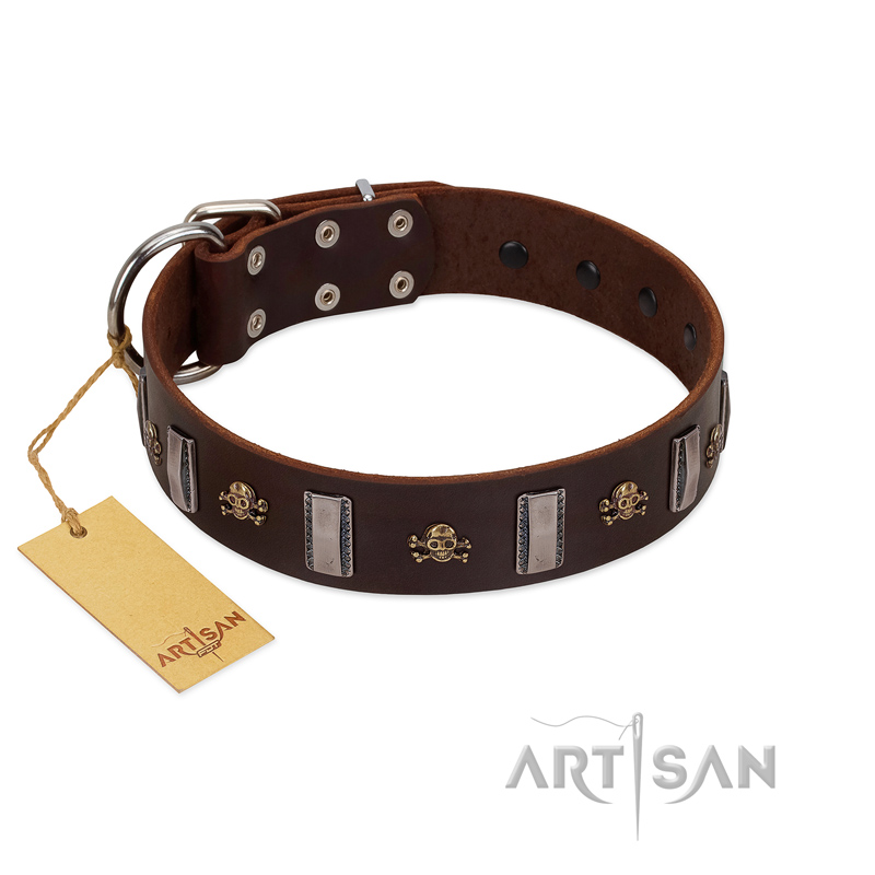 "War Chief" FDT Artisan Genuine Brown Leather Boxer Collar with Skulls and Plates