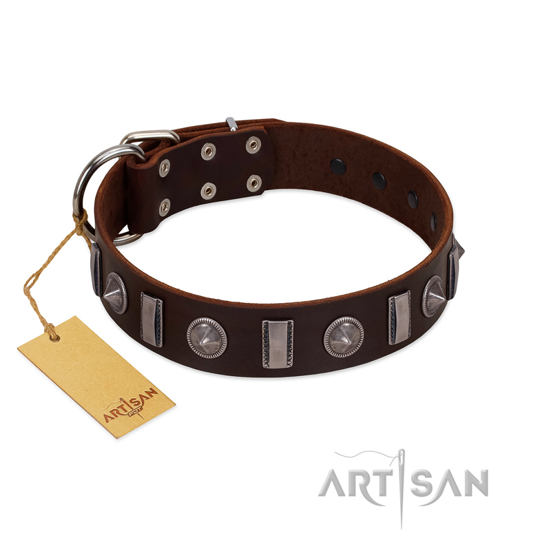 "Spiky Way" FDT Artisan Brown Leather Boxer Collar with Silver-Like Decorations