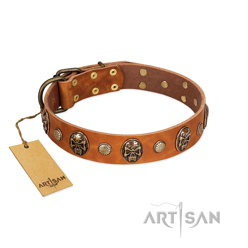 "Call of Feat" FDT Artisan Tan Leather Boxer Collar with Old Bronze-like Studs and Oval Brooches