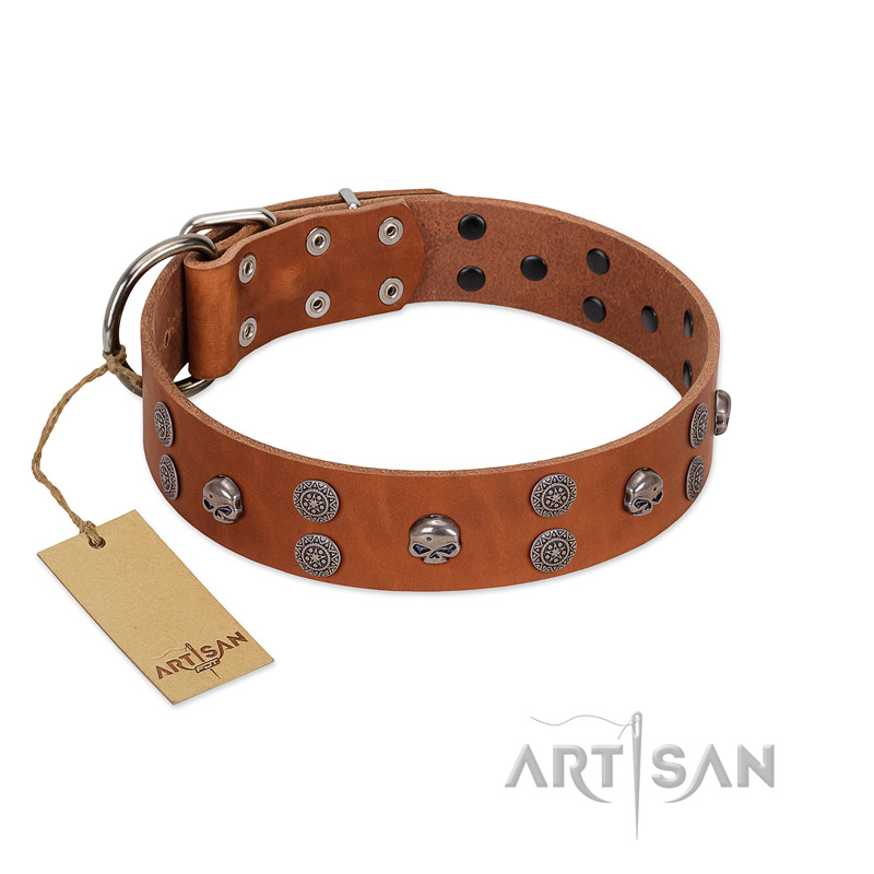 "Road Rider" FDT Artisan Tan Leather Boxer Collar with Old Silver-like Skulls and Medallions