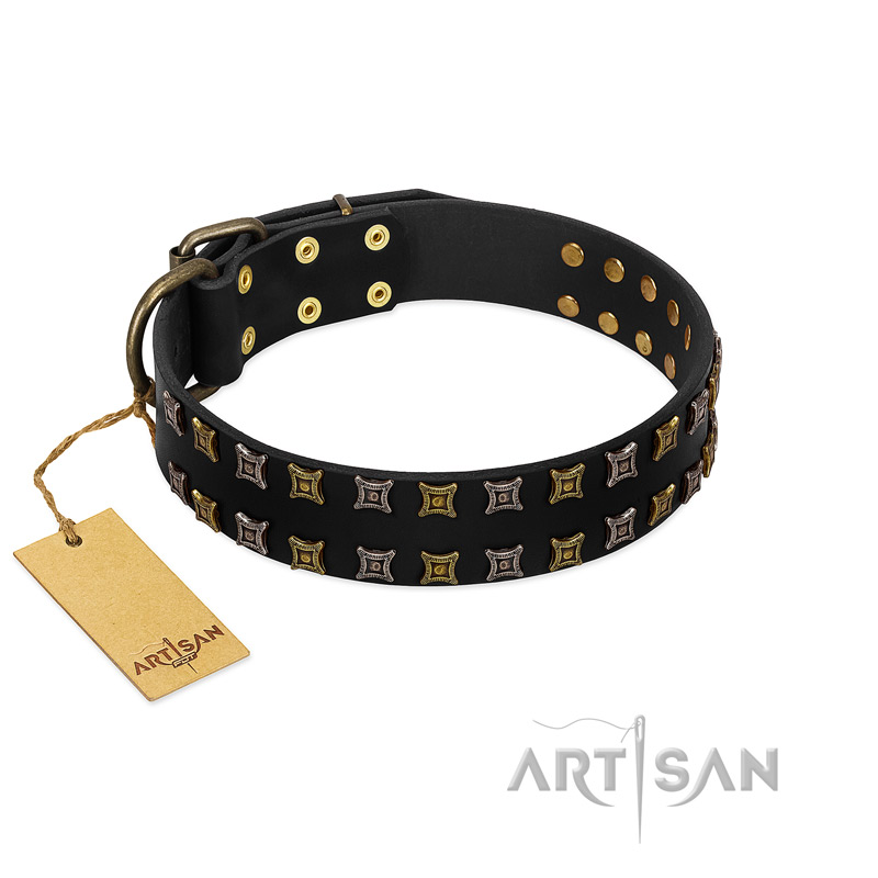"Refined Pattern" FDT Artisan Black Leather Boxer Collar with Two Rows of Stunning Decorations