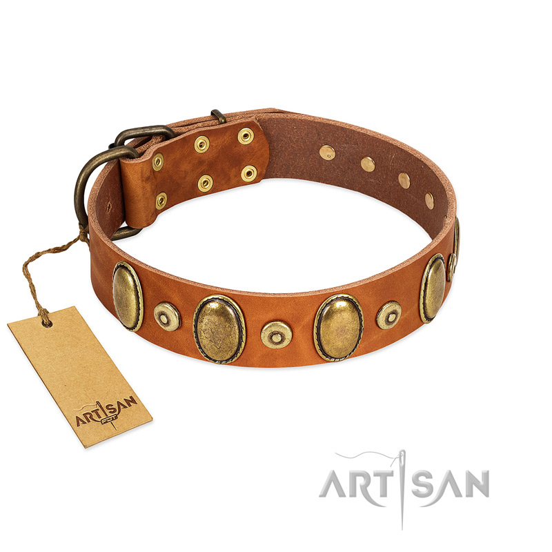 "Crystal Sand" FDT Artisan Tan Leather Boxer Collar with Vintage Looking Oval and Round Studs