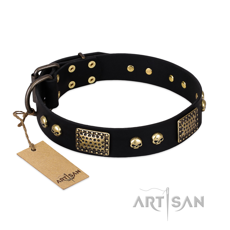 "Biker Style" FDT Artisan Black Leather Boxer Collar with Old Bronze Look Plates and Skulls