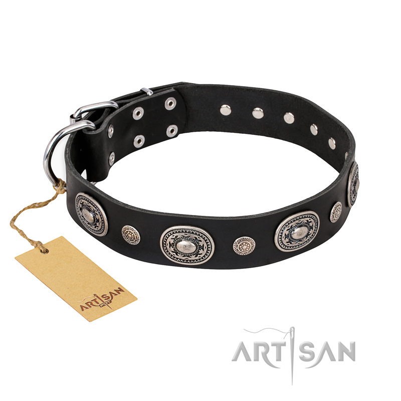 "Black Tie" FDT Artisan Leather Boxer Collar with Old Silver-like Decorations