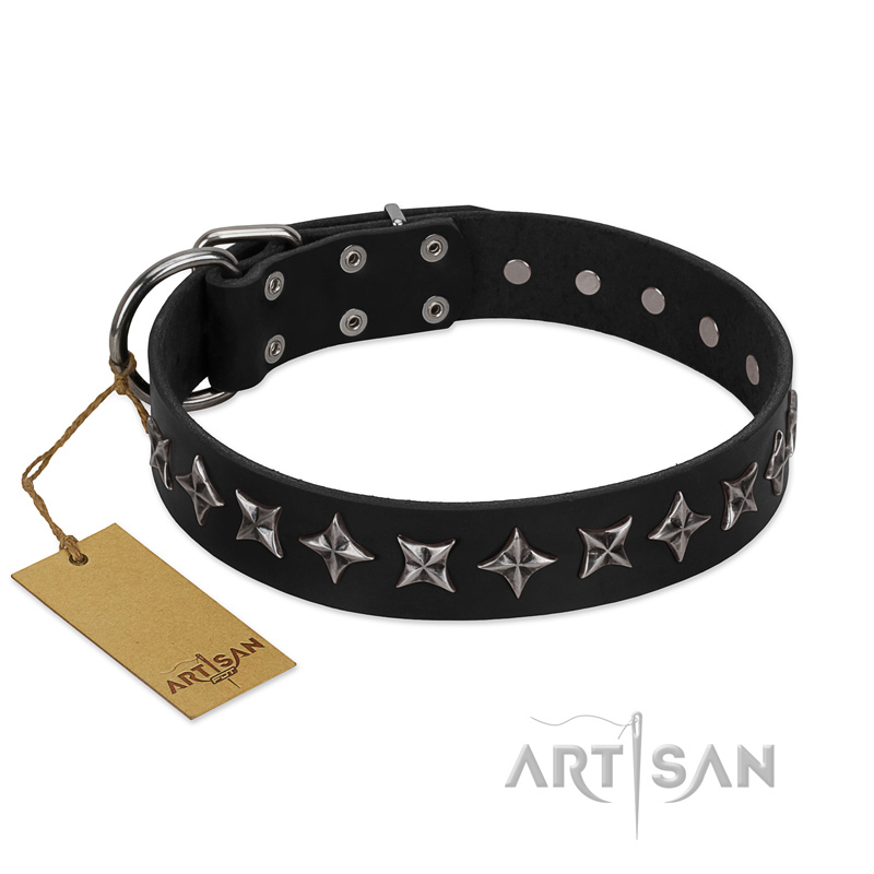 "Lights-out" FDT Artisan Black Leather Boxer Collar with Silver-like Set of Stars