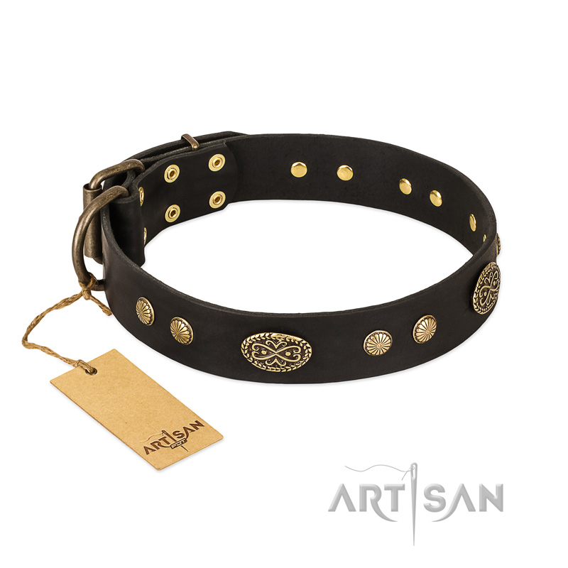 "Perfect Tracery" FDT Artisan Black Leather Boxer Collar with Old Bronze Look Plates and Circles