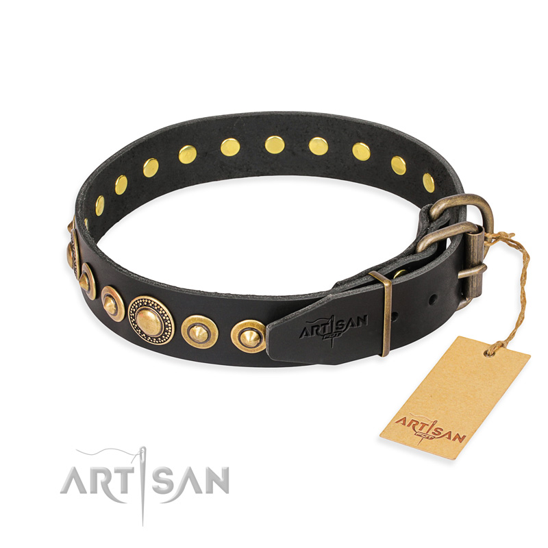 "Gold Mine" FDT Artisan Black Leather Boxer Collar with Amazing Bronze-Plated Round Studs