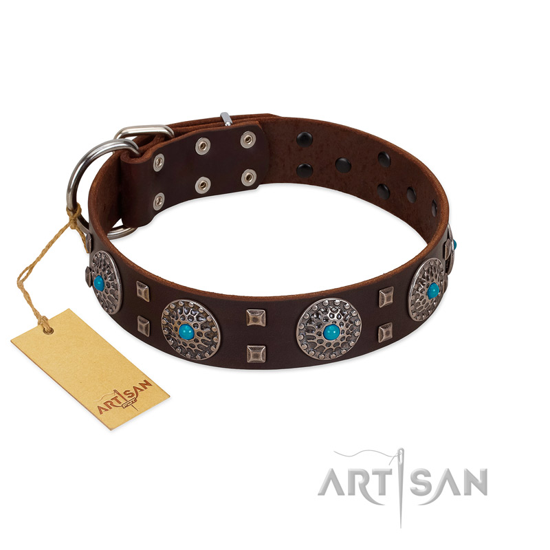 "Hypnotic Stones" FDT Artisan Brown Leather Boxer Collar with Chrome Plated Brooches and Square Studs