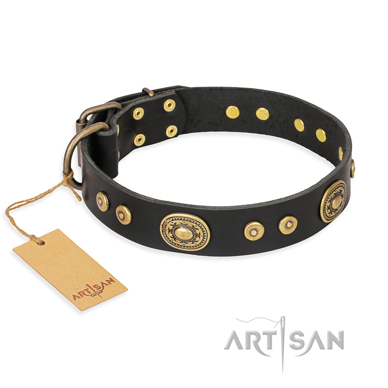 "Golden Radiance" FDT Artisan Black Leather Boxer Collar with Old Bronze Look Ovals and Circles