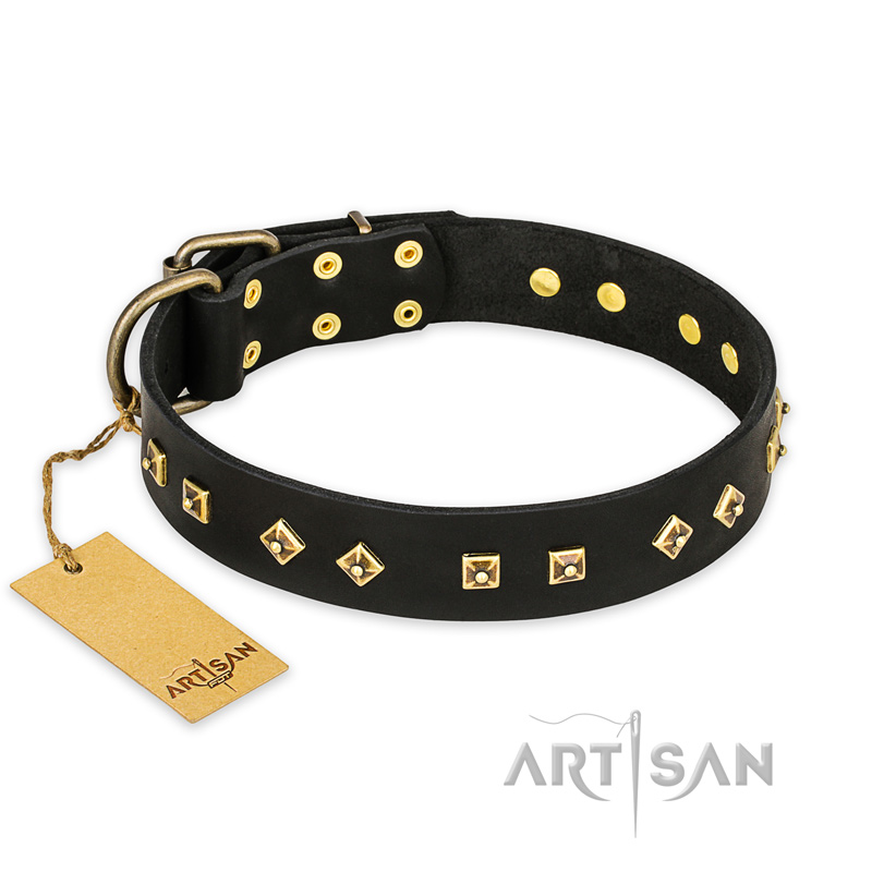 "Rhomb Style" FDT Artisan Decorated Leather Boxer Collar with Old Bronze-Plated Studs 1 1/2 inch (40 mm) Wide