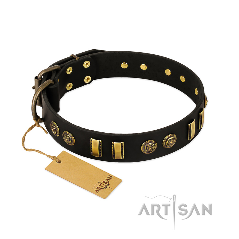 "Simple Elegance" FDT Artisan Black Leather Boxer Collar with Old Bronze-like Plates and Circles