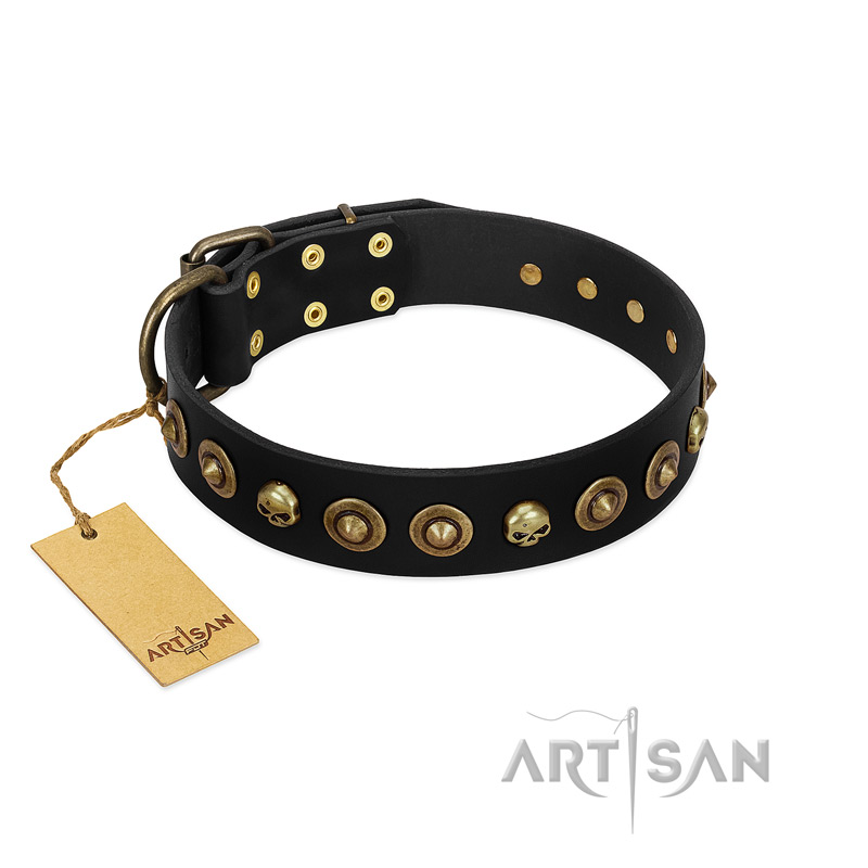 "Reckless Mutt" FDT Artisan Black Leather Boxer Collar with Skulls and Brooches - Click Image to Close