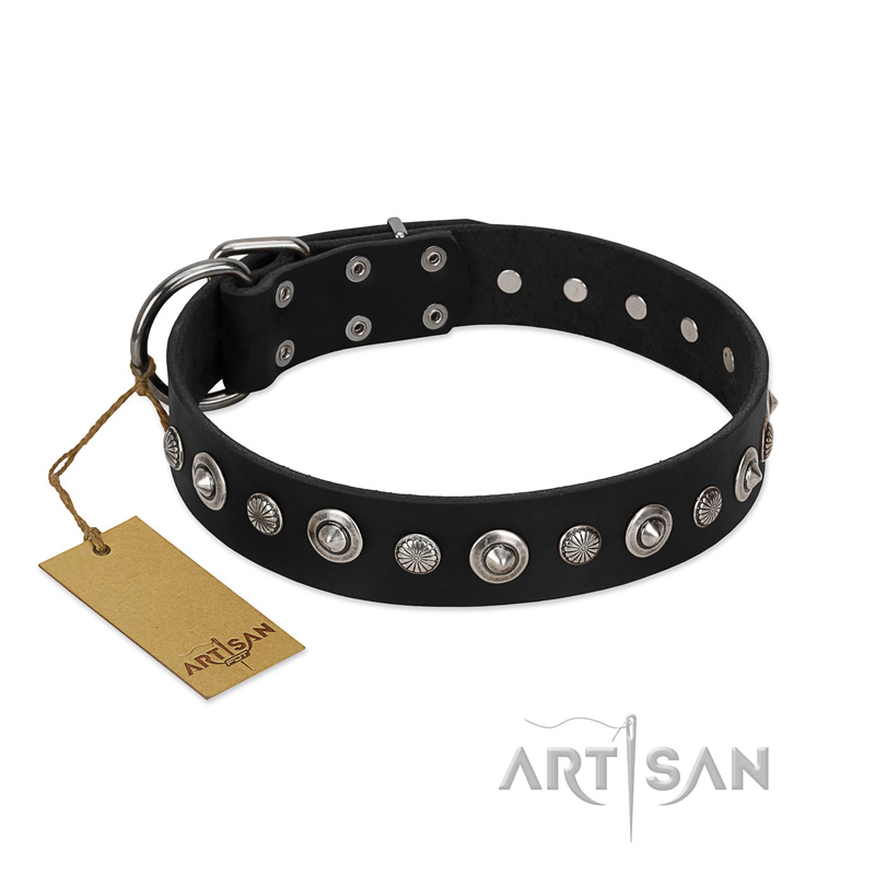 "Genteel Charm" FDT Artisan Black Leather Boxer Collar with Silver-like Round Conchos