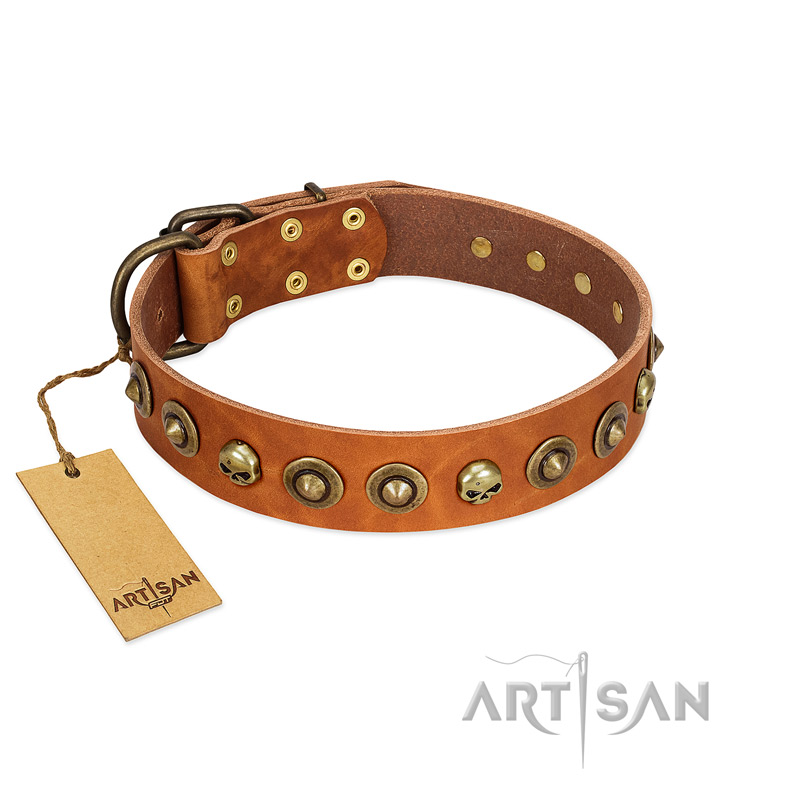 "Prez of the Pack" FDT Artisan Tan Leather Boxer Collar with Skulls and Brooches