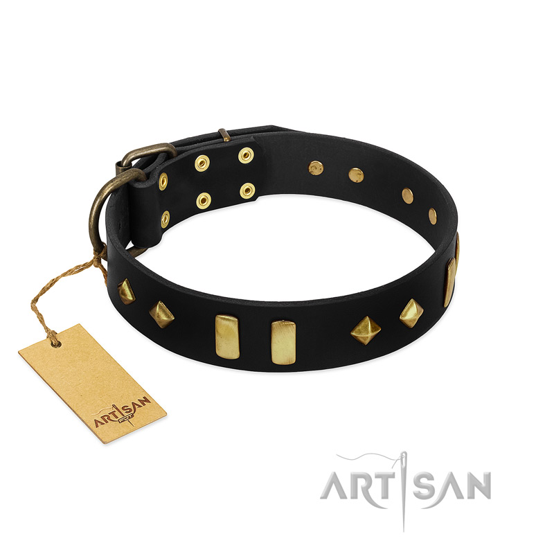 "De Luxe" FDT Artisan Black Leather Boxer Collar with Old Bronze-like Plates and Studs