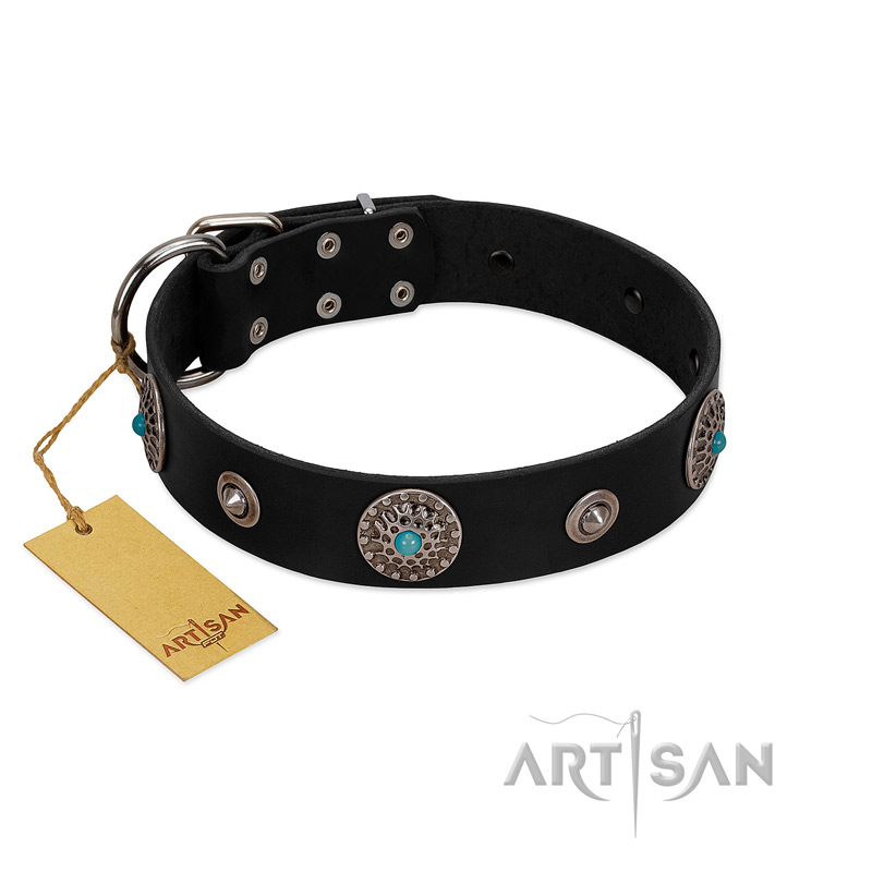 "Blue Gems" FDT Artisan Black Leather Boxer Collar with Chrome Plated Studs and Conchos