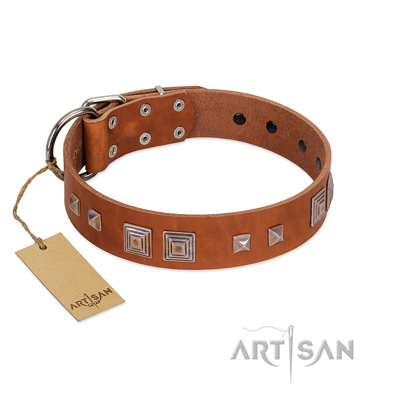 "Egyptian Gifts" Handmade FDT Artisan Tan Leather Boxer Collar with Chrome-plated Pyramids