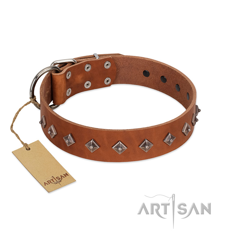 "Broadway" Handmade FDT Artisan Tan Leather Boxer Collar with Dotted Pyramids