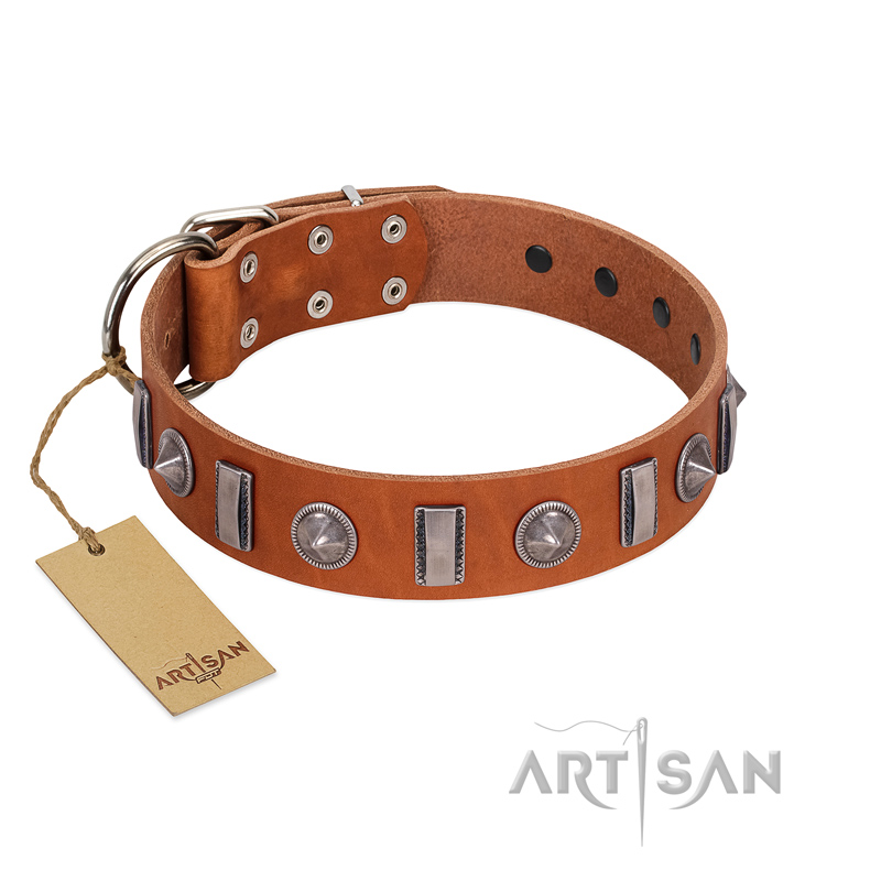 "Luxurious Necklace" FDT Artisan Tan Leather Boxer Collar with Silver-Like Adornments