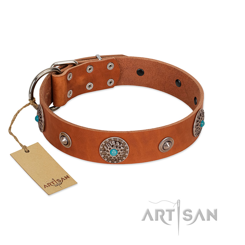 "Marine Antiques" Handmade FDT Artisan Tan Leather Boxer Collar with Blue Stones