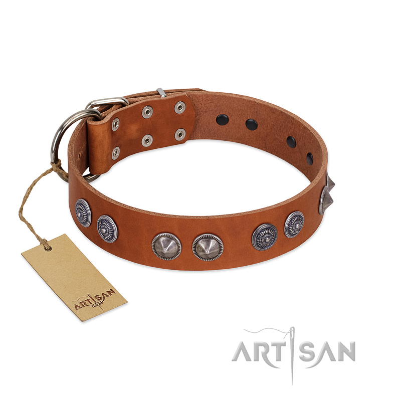 "Silver Necklace" Incredible FDT Artisan Tan Leather Boxer Colar with Silver-Like Adornments