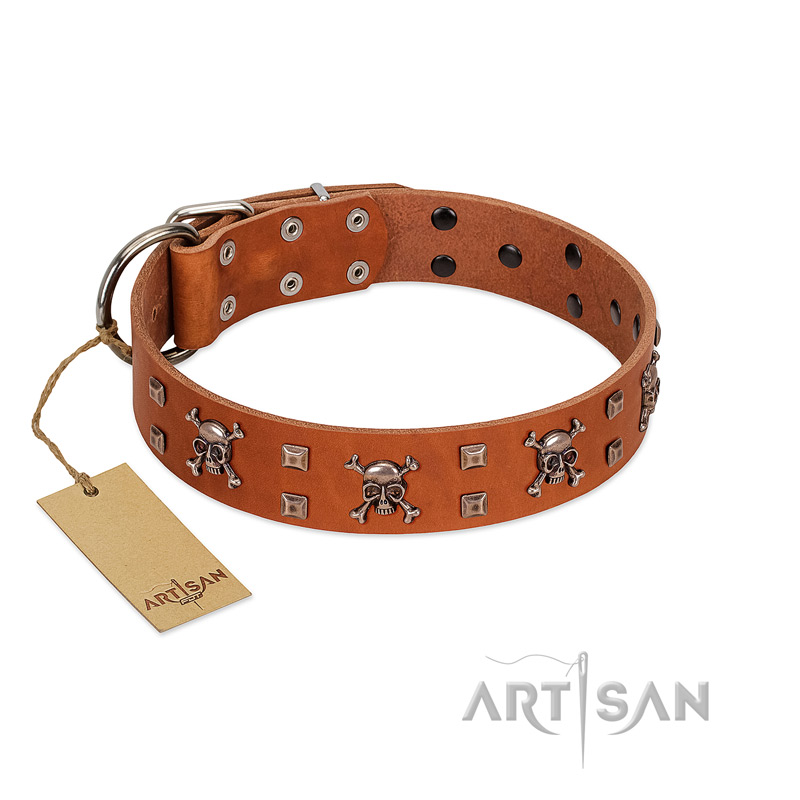 "Rebellious Nature" FDT Artisan Tan Leather Boxer Collar Embellished with Crossbones and Square Studs